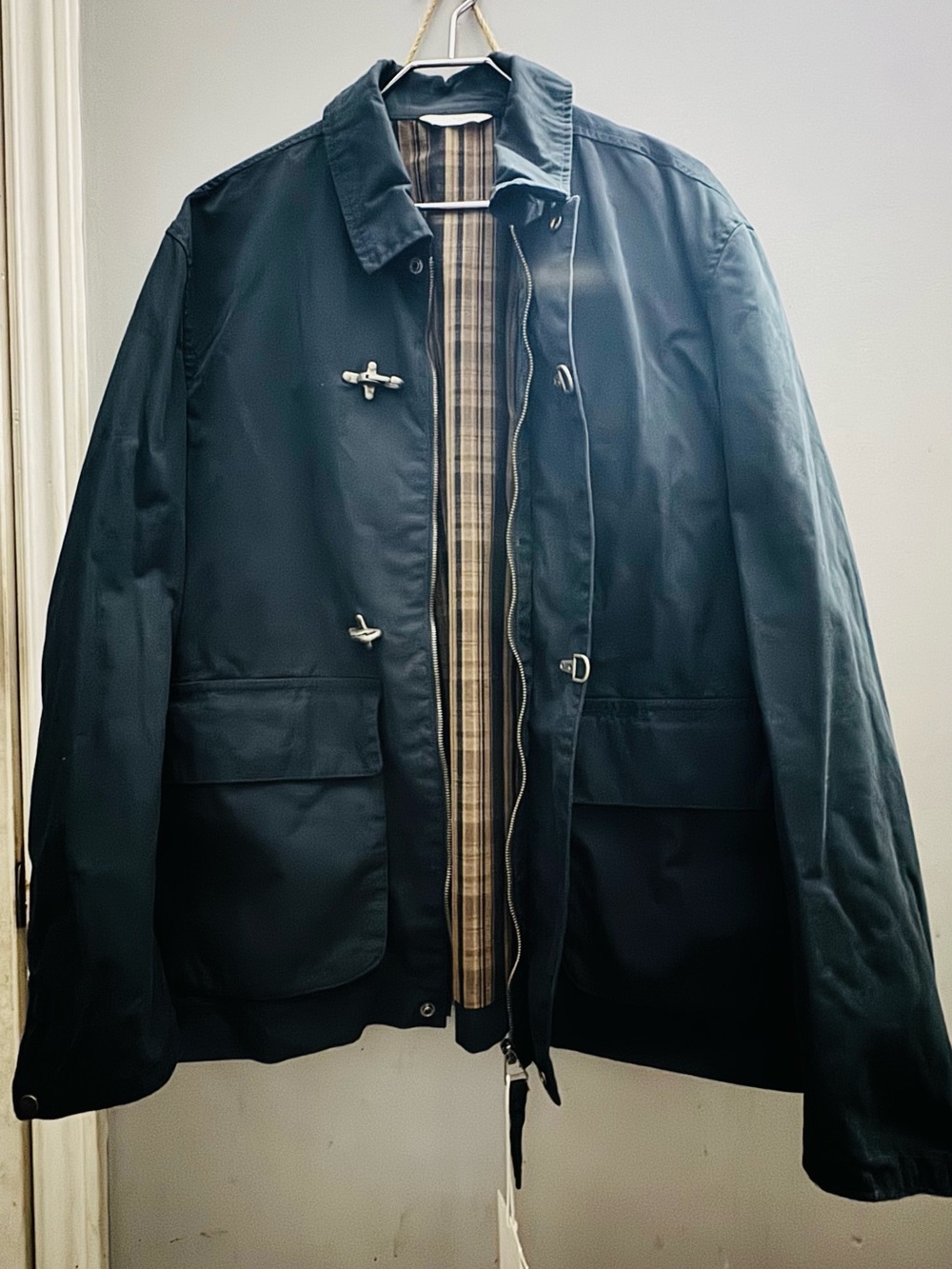 Zara Men's Black Military Field Jacket with Plaid Lining